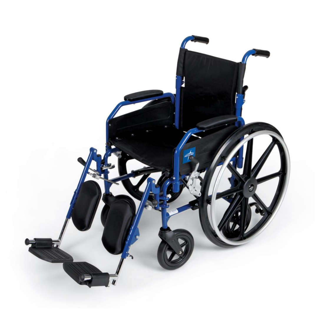 The Medline Hybrid 2 Transport Wheelchair is blue and black with large rear wheels, smaller front wheels, removable arms, foldable footrests, padded armrests, and a supportive backrest for optimal comfort.